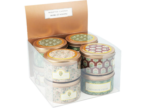 Duftlys 8x5cm gull metallboks 80gr 3ass Display med 8stk Pionduft,Sandeltre,Furu 