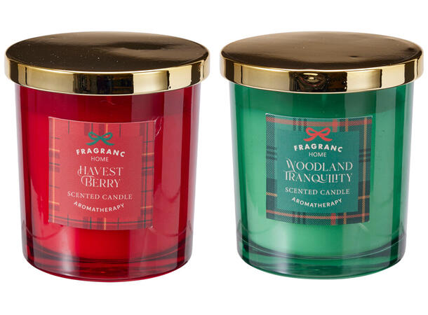 Duftlys Rød Grønn m/gull 9x10cm 2ass Høstbær Skogsduft Brenntid 42t 