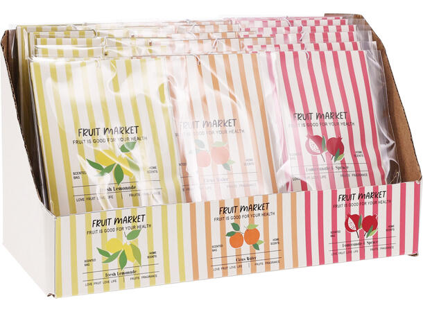 Duftpose 9x14cm stripet 3ass Display:24stk Sitron,lemon,granateple 