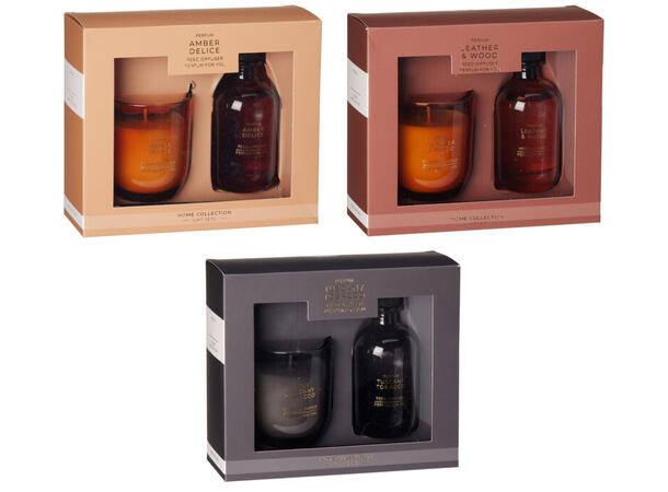 Duftsett lys 7x8cm 100ml olje 3ass Forpk 12stk Brenntid 24timer 