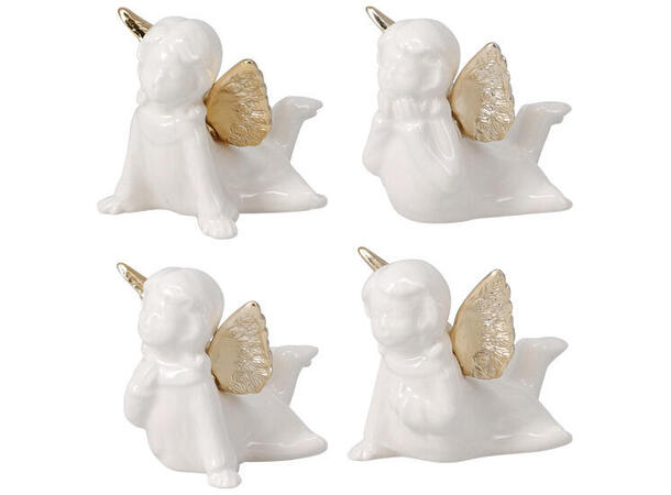Engel liggende hvit m/gull porselen 4ass 8,5x6,5cm Vekt 80gr 
