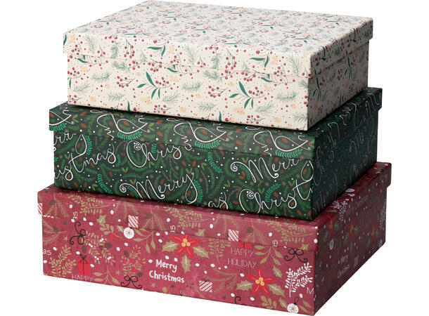Gaveeske m/lokk Merry rød,grønn,hvit 31x24x9cm 34x27x10cm 36x30x11cm 