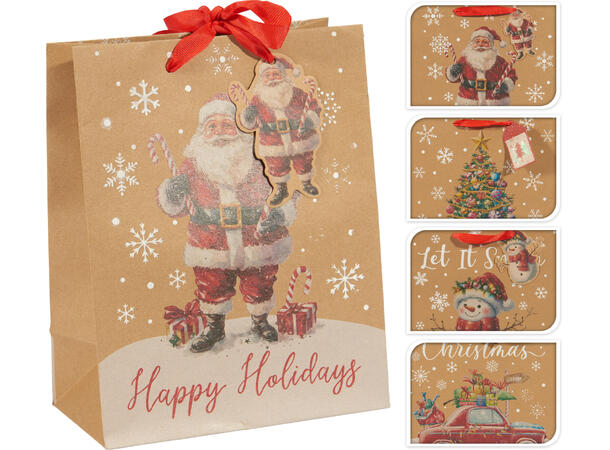 Gavepose kraft jul snø 23x18x10cm 4ass 