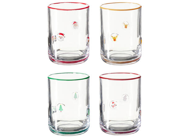 Glass m/julefigur 410ml 8,5x11cm 4ass Forpk 12stk Sodaglass  Vekt: 380gr 