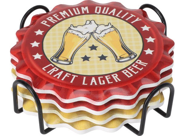 Glassbrikke keramikk/kork Beer 11cm 4stk Inkludert holder i metall 