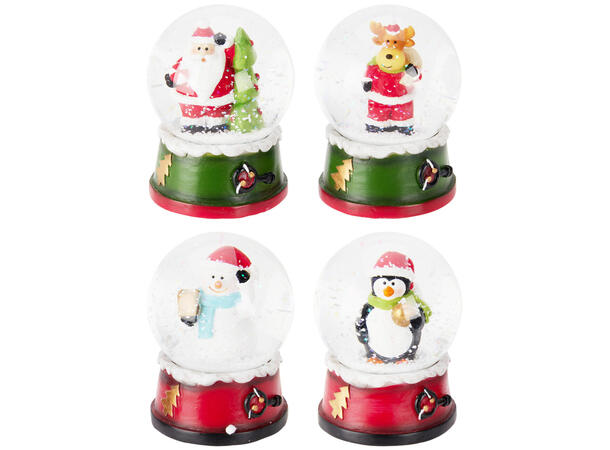 Glasskule m/snø julefigurer h:8,5cm 4ass Display 12stk Vekt: 240g 
