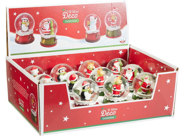 Glasskule m/snø julefigurer h:8,5cm 4ass Display 12stk Vekt: 240g 
