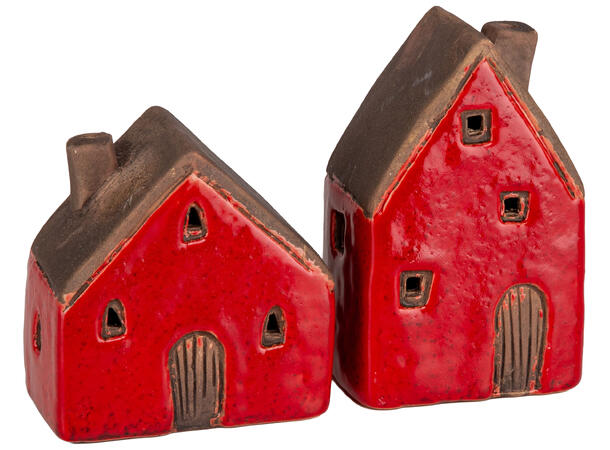 Hytte rød keramikk LED 8x9 / 7x12cm 2ass Batteri 2xLR44 