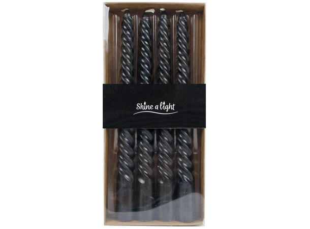 Kronelys Twist vridd sort 19cm 4stk Forpk 12stk Brenntid 4-5t 