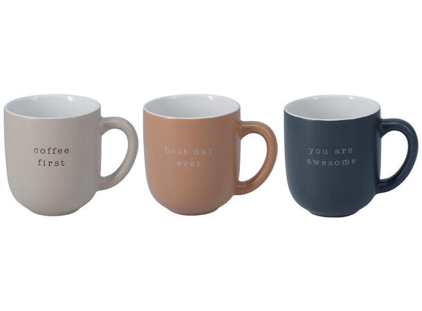 Krus keramikk m/tekst 300ml 8x9cm 3ass Coffee first 