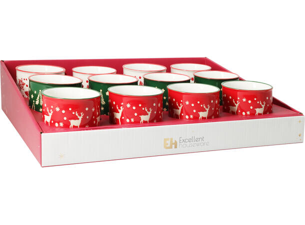 Krus rød/grønn/hvit keramikk 250ml h:8cm Display med 12stk Vekt:245gram 