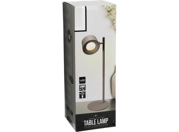 Lampe LED sand metall 35,5cm Oppladbar. USB-C. 3 lysnivå 
