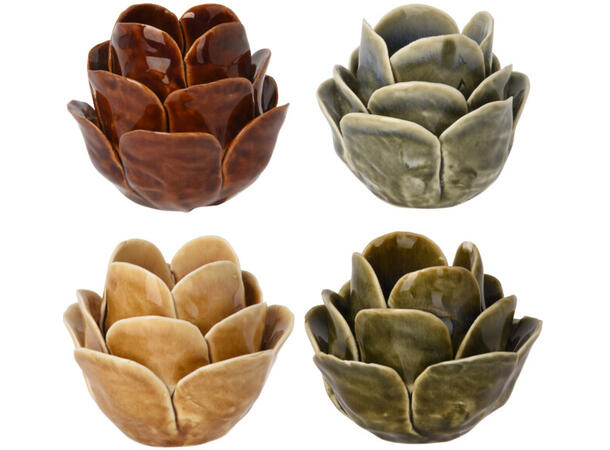 Lysestake blomst keramikk 9x7cm 4ass 8stk Farger: brun,beige,grønn,lys brun 