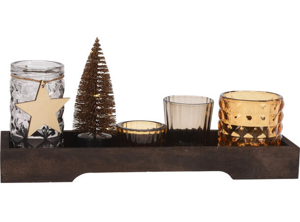 Lysfat juletre og glass m/LED 6 deler Forpk 6stk Brun farger Batt CR2032 inkl 