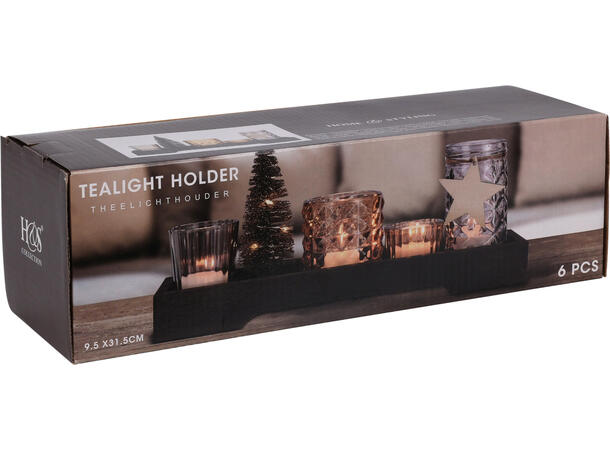 Lysfat juletre og glass m/LED 6 deler Forpk 6stk Brun farger Batt CR2032 inkl 