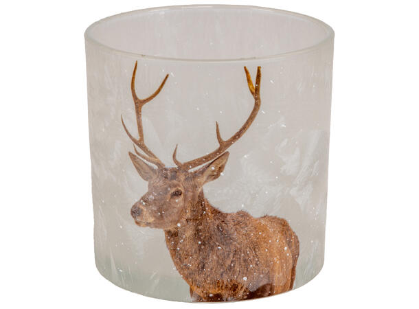 Lysglass hjortedyr antikkhvit 15x15cm Lysglass til kubbelys 