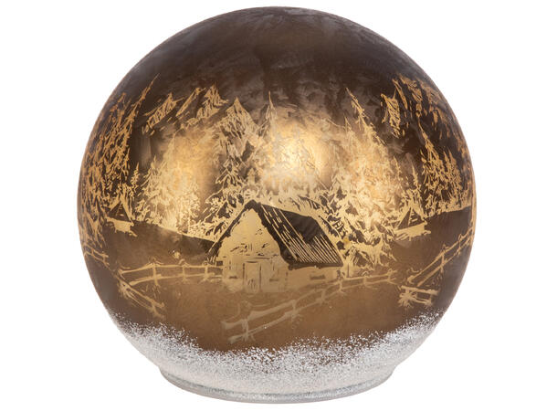 Lyslykt LED antikkbrun vinter kule 15cm 3xAA Batteri, Timer, 10 LEDpærer 