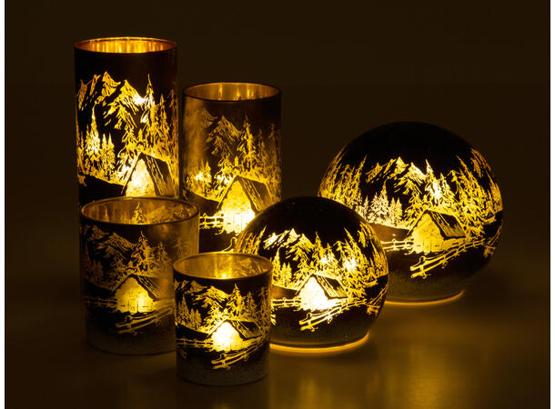 Lyslykt LED antikkbrun vinter kule 15cm 3xAA Batteri, Timer, 10 LEDpærer 