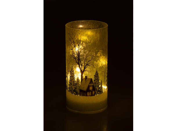 Lyslykt LED hytte i vinterland 8x16cm 3xAA Batteri, Timer, 10 LEDpærer 
