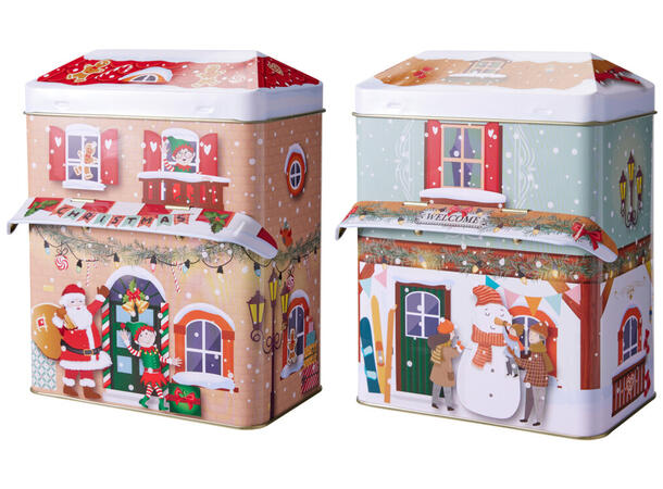 Metallboks Julehus 13x8,5x8cm 2 ass 