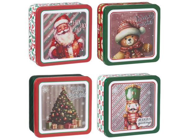 Metallboks julemotiv 19x19x8,5cm 4ass Gjennomsiktig lokk Vekt 240gr 