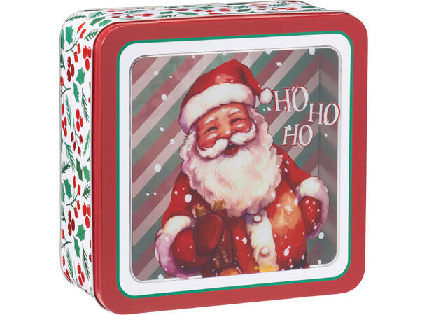 Metallboks julemotiv 19x19x8,5cm 4ass Gjennomsiktig lokk Vekt 240gr 