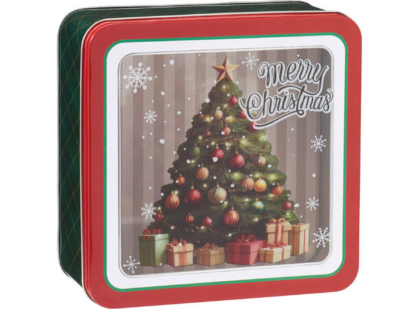 Metallboks julemotiv 19x19x8,5cm 4ass Gjennomsiktig lokk Vekt 240gr 