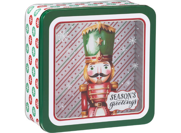 Metallboks julemotiv 19x19x8,5cm 4ass Gjennomsiktig lokk Vekt 240gr 