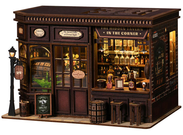 Mini hus DIY Bar på hjørnet 23x15x15cm MDF, papir, stoff. LED lys, uten batteri 