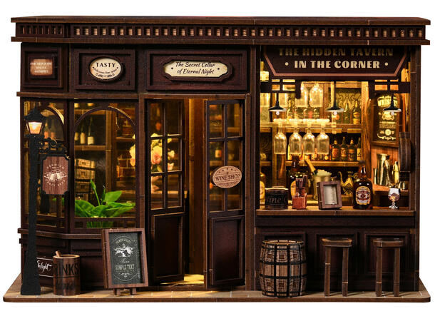 Mini hus DIY Bar på hjørnet 23x15x15cm MDF, papir, stoff. LED lys, uten batteri 