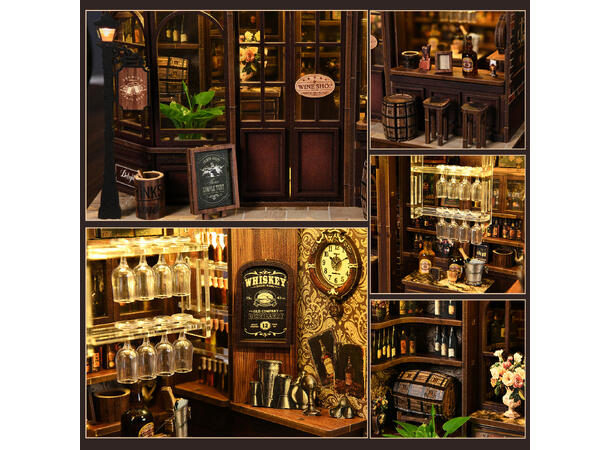 Mini hus DIY Bar på hjørnet 23x15x15cm MDF, papir, stoff. LED lys, uten batteri 