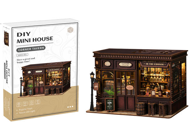 Mini hus DIY Bar på hjørnet 23x15x15cm MDF, papir, stoff. LED lys, uten batteri 