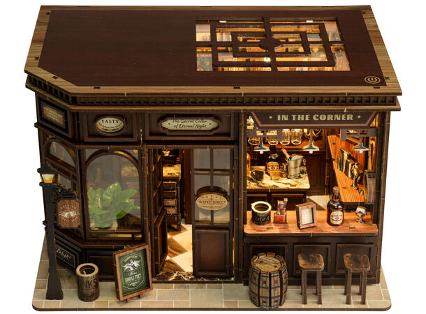 Mini hus DIY Bar på hjørnet 23x15x15cm MDF, papir, stoff. LED lys, uten batteri 