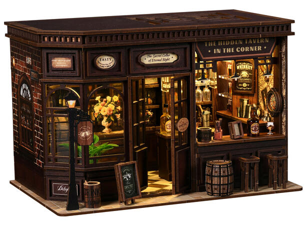 Mini hus DIY Bar på hjørnet 23x15x15cm MDF, papir, stoff. LED lys, uten batteri 