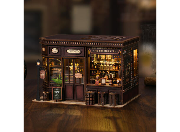 Mini hus DIY Bar på hjørnet 23x15x15cm MDF, papir, stoff. LED lys, uten batteri 