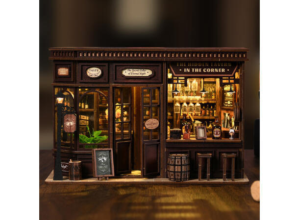 Mini hus DIY Bar på hjørnet 23x15x15cm MDF, papir, stoff. LED lys, uten batteri 