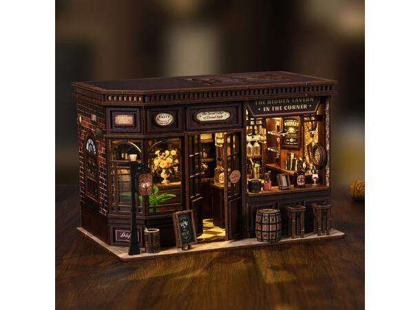 Mini hus DIY Bar på hjørnet 23x15x15cm MDF, papir, stoff. LED lys, uten batteri 