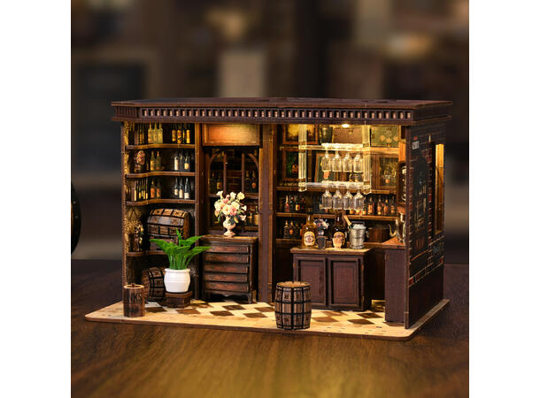 Mini hus DIY Bar på hjørnet 23x15x15cm MDF, papir, stoff. LED lys, uten batteri 