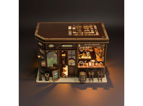 Mini hus DIY Bar på hjørnet 23x15x15cm MDF, papir, stoff. LED lys, uten batteri 