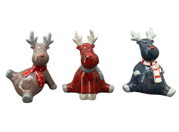 Reinsdyr rød/blå/brun keramikk 9cm 3ass 