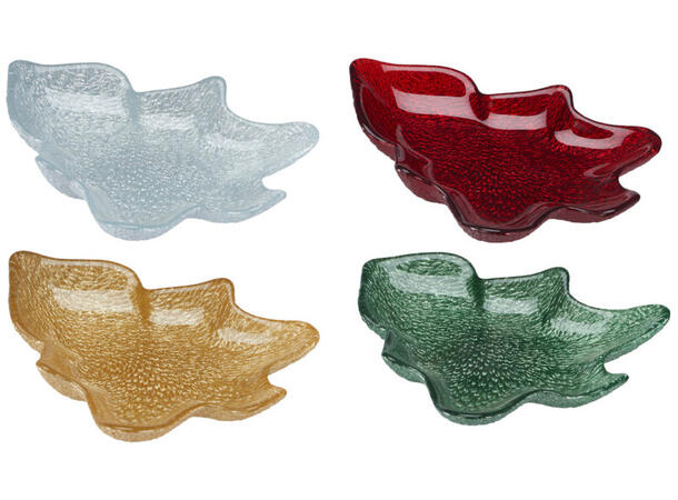 Skål juletre glass 21x15cm 4ass farger Forpakning: 8stk Vekt:320gram 