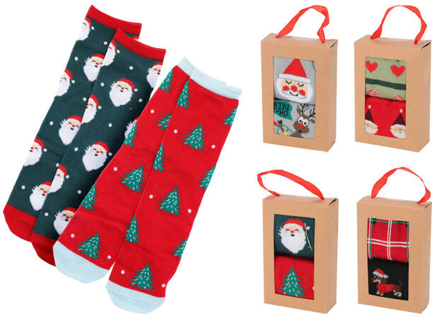 Sokk jul polyester 2stk i gaveeske 4ass 