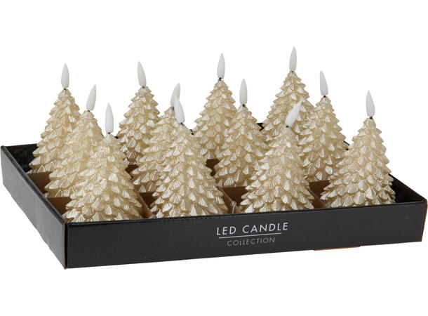 Stearinlys LED Juletre gull timer 11cm Display 12stk Batteri 2xAA Timer 6/18 