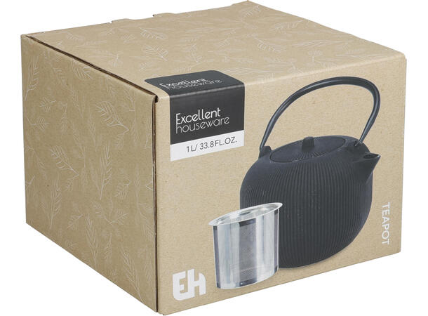 Tekanne støpejern 1000ml svart 16,10,5cm Emaljert, Te-sil i rustfritt stål 