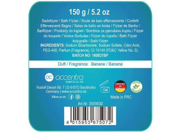 Badebombe ubåtform 150g Duft: Banan Forpk 12stk Vegansk 