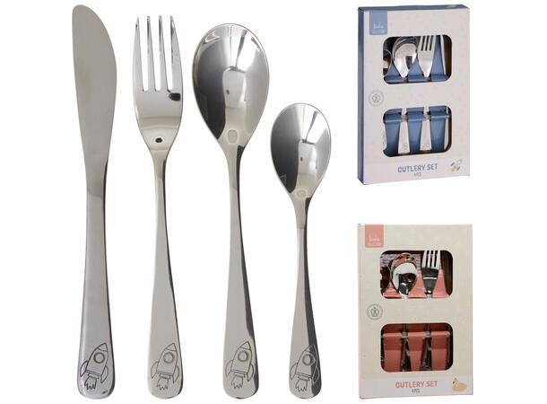 Bestikk for barn rustfritt 2ass 4 deler Av rustfritt stål m/preget design 