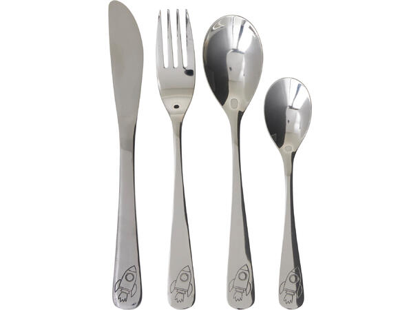 Bestikk for barn rustfritt 2ass 4 deler Av rustfritt stål m/preget design 