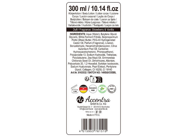 Bodylotion pumpe 300ml StrawberryVanilla Vegansk Uten mineralolje og parabener 