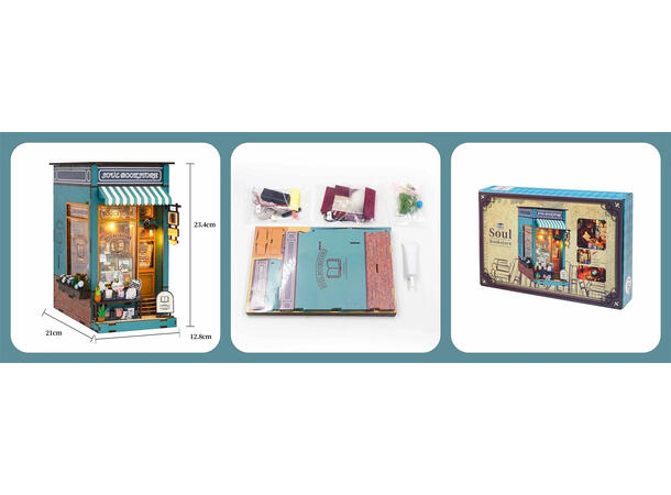 Book Nook Bokhandel 21x12,8x23,4cm MDF, papir, stoff. LED lys, uten batteri 