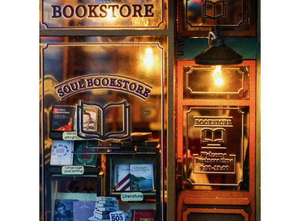 Book Nook Bokhandel 21x12,8x23,4cm MDF, papir, stoff. LED lys, uten batteri 